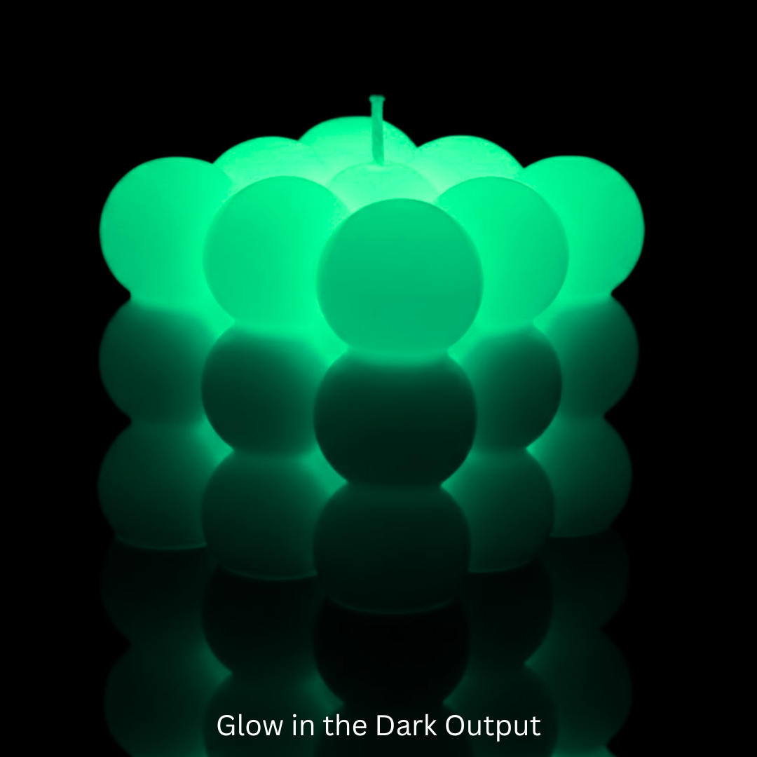 Glowing green bubble candle on a black background with 'Glow in the Dark Output' text.
Sensations Unleashed BDSM Glow in the Dark + UV Wax Play Big Bubble Candle In India (Double Colour)